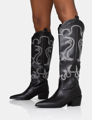 Cooper Black PU Western Embroidered Knee High Cowboy Boot