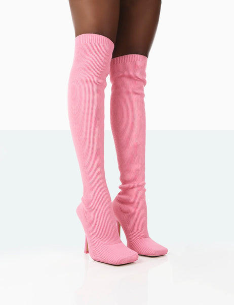 Bubbles Pink Wide Fit Knitted Knee High Boots | Public Desire