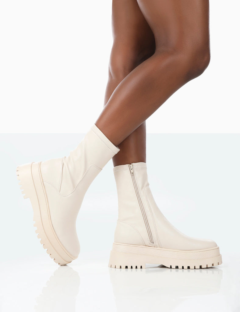 Rusty Bone Pu Chunky Sole Sock Ankle Boots | Public Desire