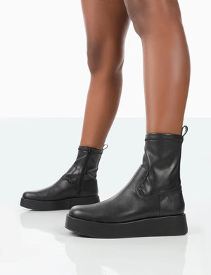 Not Okay Black Pu Chunky Sole Sock Ankle Boots