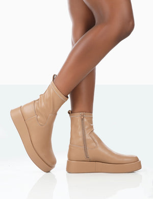 Not Okay Nude Pu Chunky Sole Sock Ankle Boots