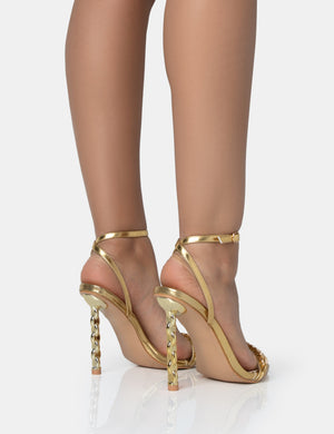 Link Up Gold Barely There Pointed Toe Stiletto Chain Heels