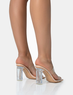 Niamh Nude Patent Double Strap Perspex Block Heel Mules