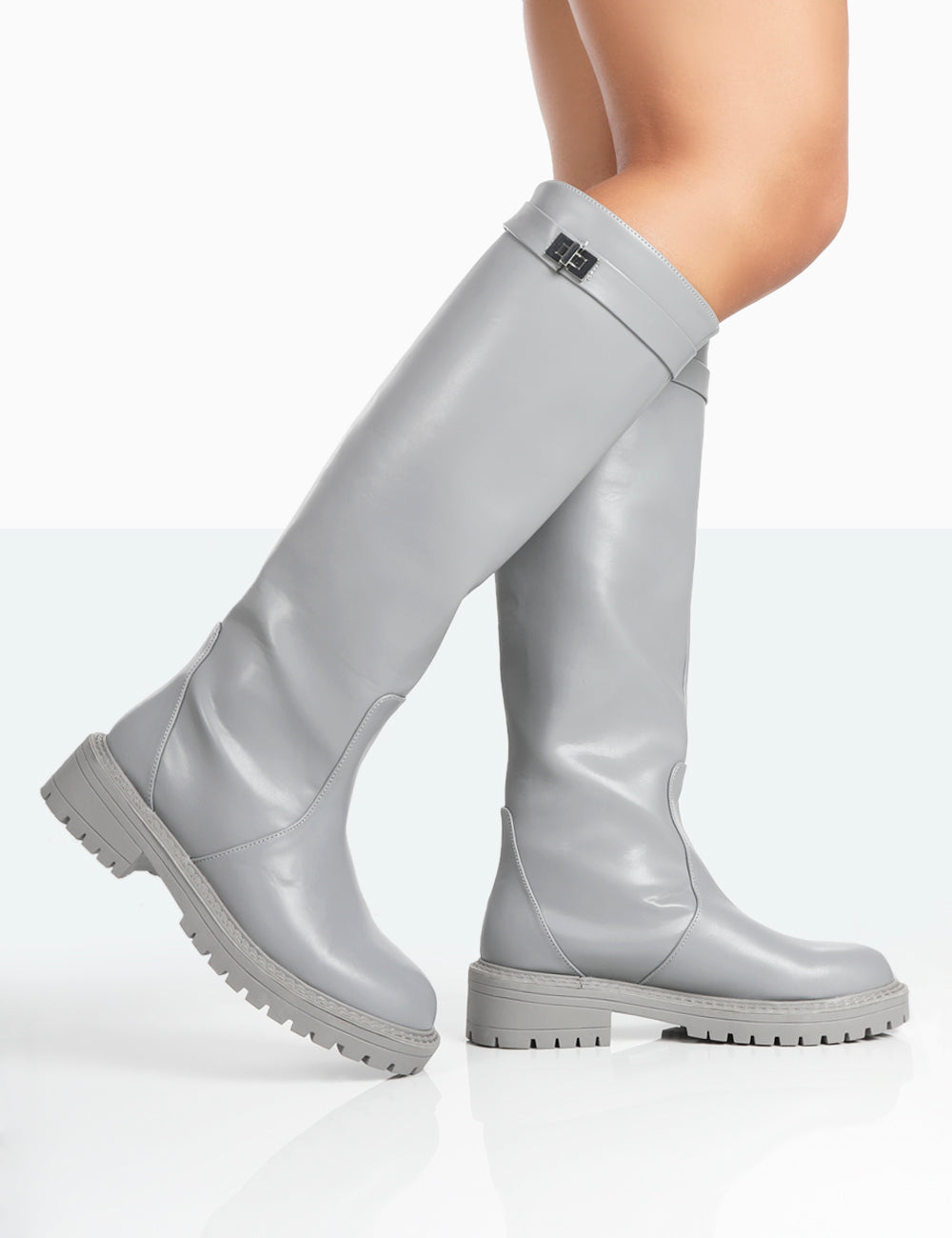 More Fun Grey PU Round Toe Knee High Boots