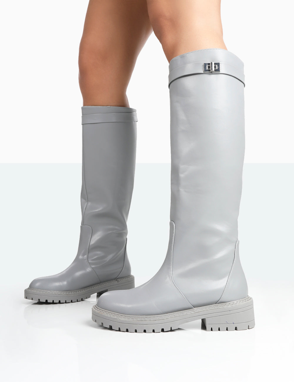 More Fun Grey PU Round Toe Knee High Boots