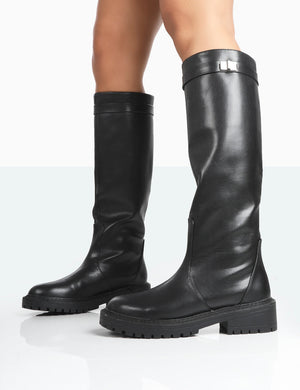 More Fun Wide Fit Black Pu  Round Toe Chunky Sole Knee High Boots