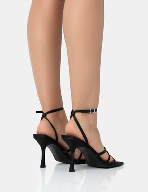 Mademoiselle Wide Fit Black Satin Strappy Square Toe Mid Stiletto Heels