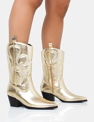 Calabasas Gold Western Embroidered Knee High Pointed Toe Cowboy Boots