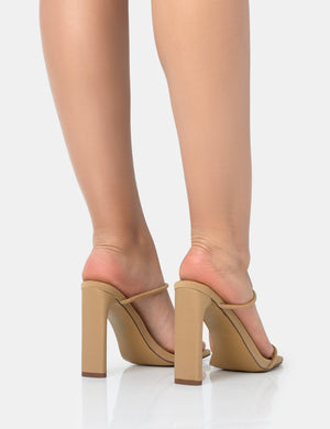 True Camel Nylon Strappy Barely There Square Toe Flat Block Heels