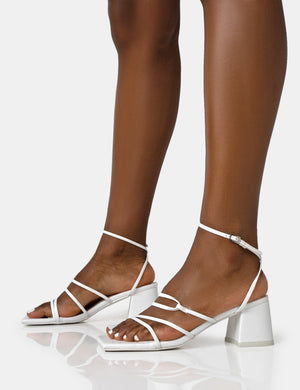 Dayla White Pu Strappy Square Toe Block Mid Heel Sandals