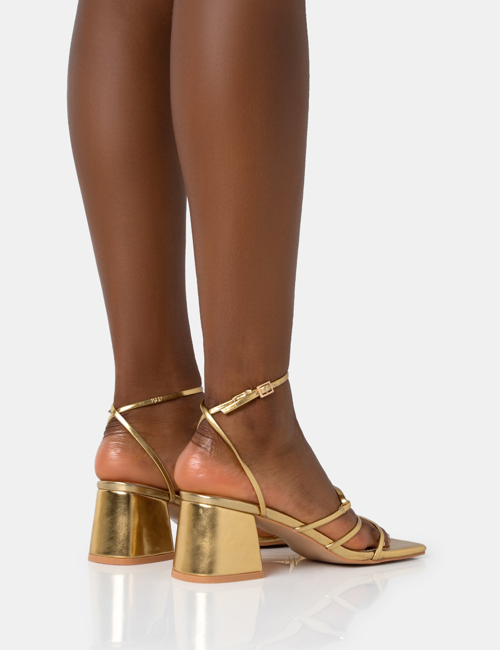 Dayla Gold Strappy Square Toe Block Mid Heel Sandals Public Desire