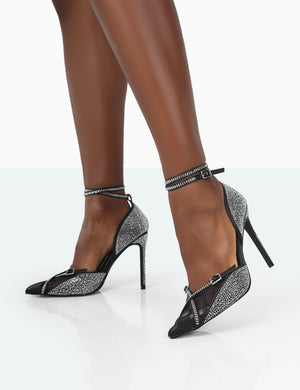 Glitch Black Sparkly Diamante Mesh Pointed Court Stiletto High Heel