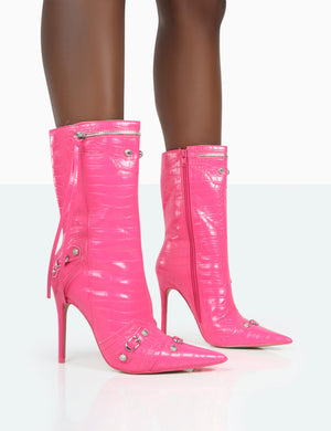 Kulture Pink Croc Pointed Toe Zip Detail Ankle Boots