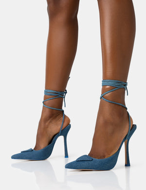 Vada Blue Denim Slingback Lace Up Pointed Court Stiletto Heels
