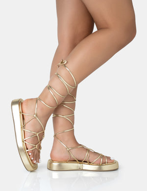 Babygirl Gold Flatform Lace Up Sandals