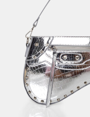 The Fox Metallic Silver Croc Studded Saddle Shoulder Bag