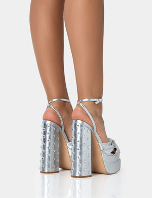 Magnum Silver Pu Knot Strap Platform Diamante Block Heels