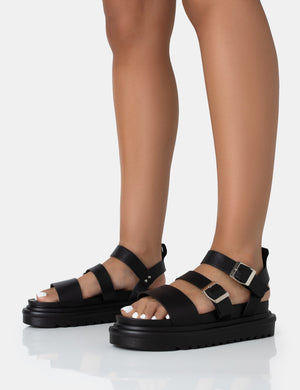Macy Black Pu Chunky Buckle Strap Sandals