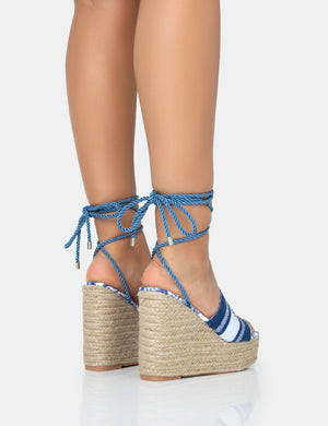 Take Off Navy Embroidered Santorini Lace Up Raffia Square Toe Wedge Heels