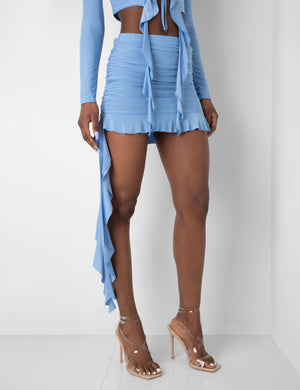 Frill Detail Ruched Mini Skirt Baby Blue