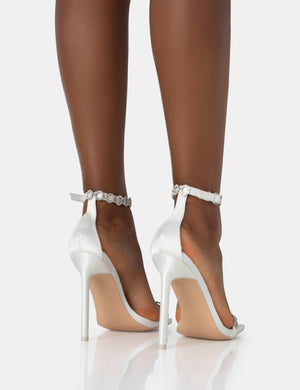 Immie Off White Satin Barely There Diamante Strap Pointed Toe Stiletto Heels