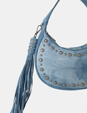 The Cato Washed Blue Denim Bleached Studded Tassel Boho Shoulder Bag