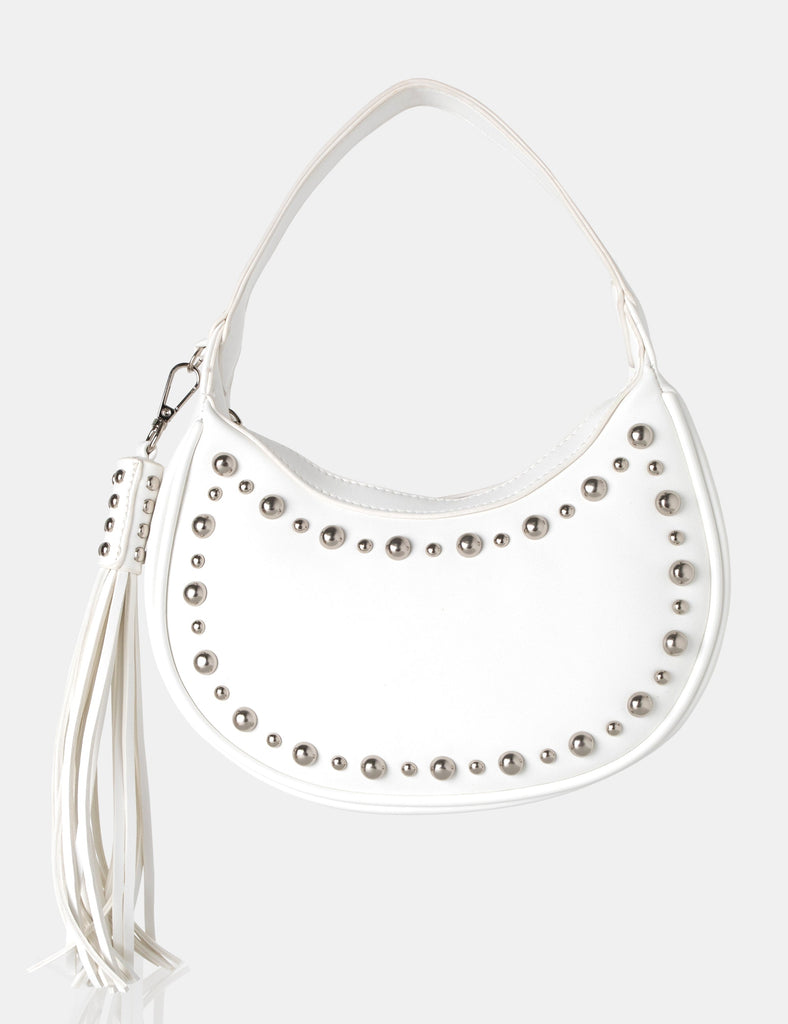 Cato White Pu Studded Tassel Boho Shoulder Bag | Public Desire