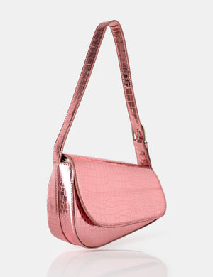 The Loz Metallic Pink Croc Asymmetric Shoulder Bag