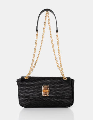 The Mara Black Raffia Gold Chain Detail Adjustable Shoulder Bag