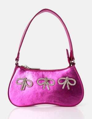 The Ariel Metallic Pink Bow Diamante Shoulder Bag