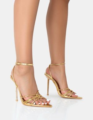 Risque Gold PU Strappy Pointed Toe Gold Stiletto Heels