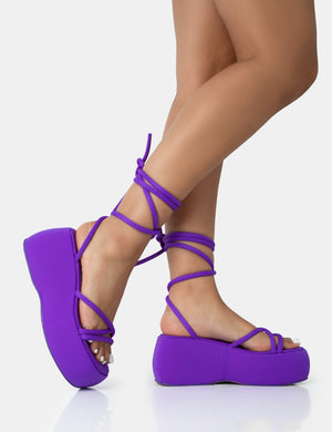 Full Moon Purple Nylon Lace Up Chunky Platform Sandals