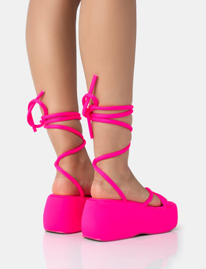 Full Moon Hot Pink Nylon Lace Up Chunky Platform Sandals