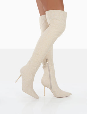 Tiana Natural Linen Pointed Toe Over The Knee Stiletto Boots