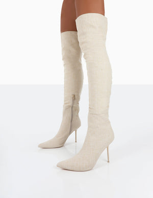 Tiana Natural Linen Pointed Toe Over The Knee Stiletto Boots