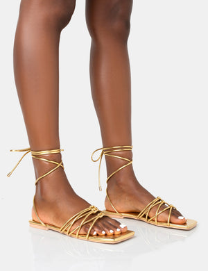 Kelly Gold Pu Lace Up Flat Square Toe Sandals