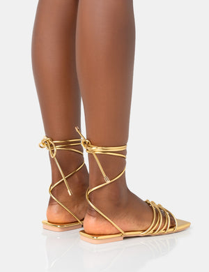 Kelly Gold Pu Lace Up Flat Square Toe Sandals