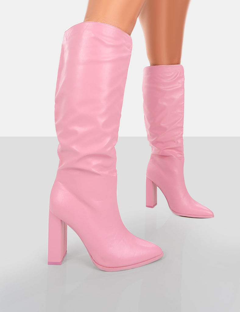 Far Away Pink Grain PU Square Toe Knee High Boots | Public Desire