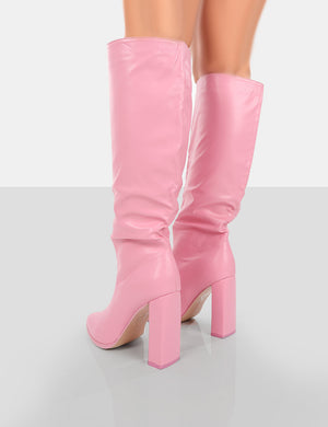 Far Away Pink Grain PU Square Toe Knee High Boots