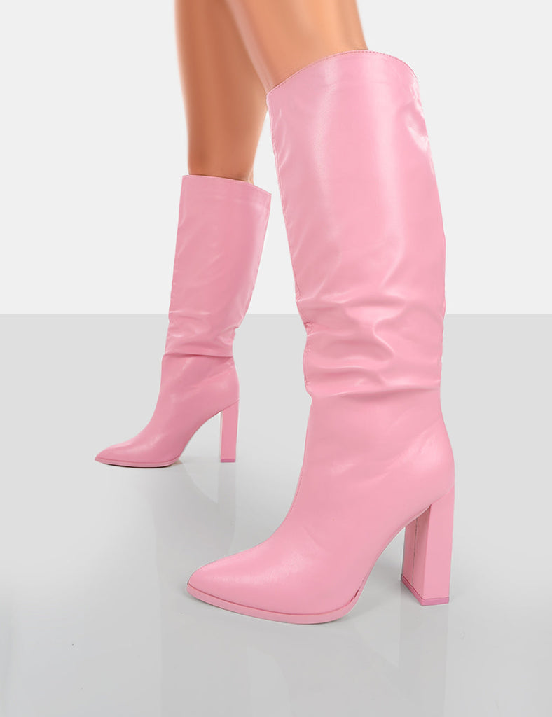 Far Away Pink Grain PU Square Toe Knee High Boots | Public Desire