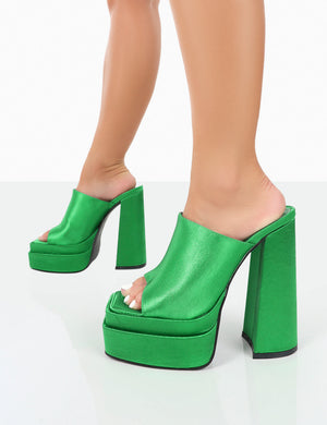 Skyhigh Green Satin Chunky Platform High Heeled Mules