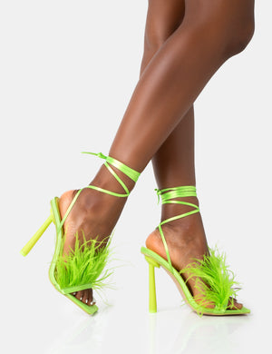 Iconic Lime Satin & Lime Feather Detail Square Toe High Heels