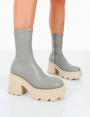 Jennie Grey Pu Chunky Sole Heeled Ankle Boots