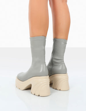 Jennie Grey Pu Chunky Sole Heeled Ankle Boots