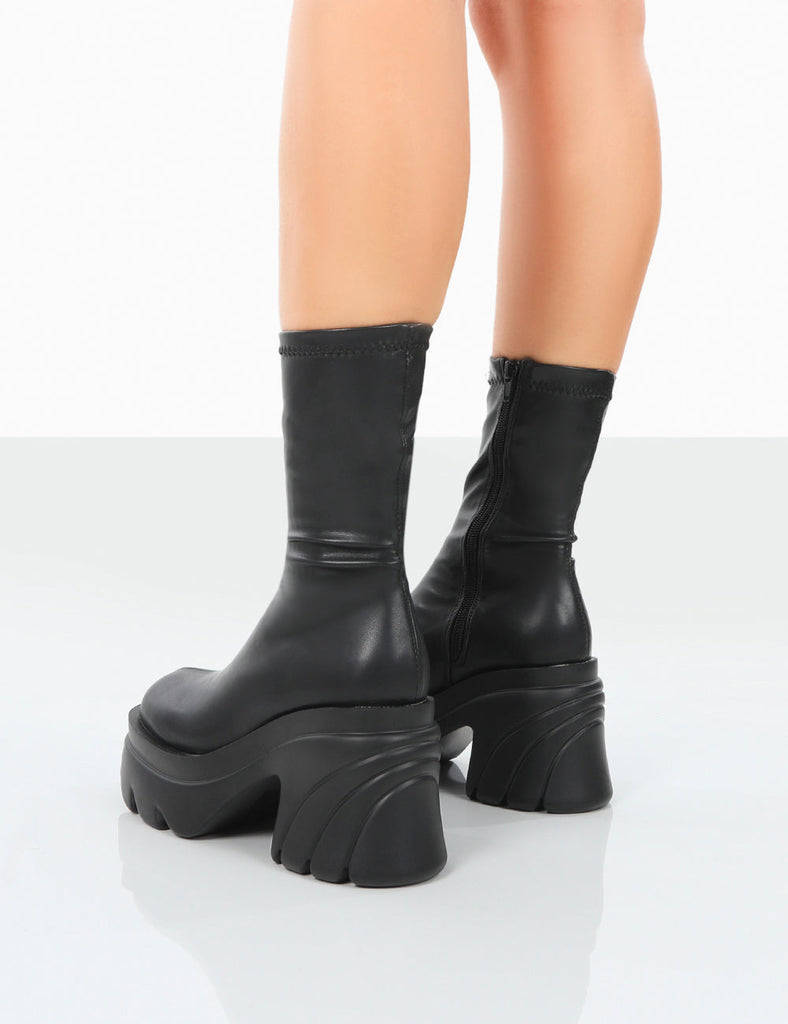 Jennie Black Drench PU Chunky Sole Heeled Ankle Boots | Public Desire