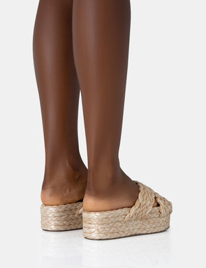 Kos Natural Raffia Cross Over Strap Slip On Flatform Sandals