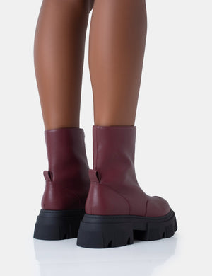 Bergen Burgundy Pu Zip Up Detailed Rounded Toe Chunky Soled Ankle Boots