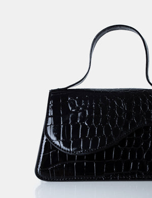 The Polly Black Croc Top Handle Mini Bag