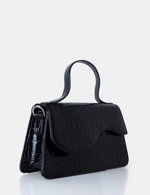 The Polly Black Croc Top Handle Mini Bag