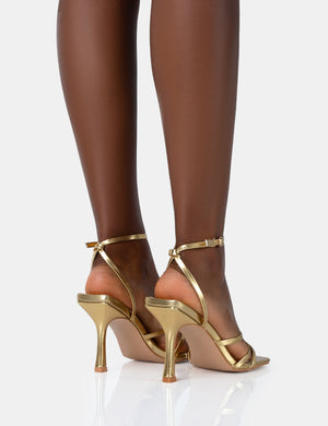 Mademoiselle Gold PU Strappy Square Toe Mid Stiletto Heels